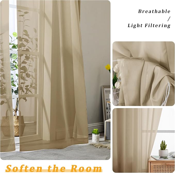Gwine Taupe Sheer Kitchen Curtains 36 Inch Length, Light Filtering Voile Soft - Image 3