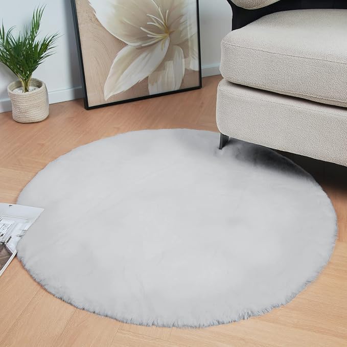 Latepis Grey Fluffy Round Rug 3ft Circle Area Faux Fur Rugs Washable Rabbit Rug - Image 7