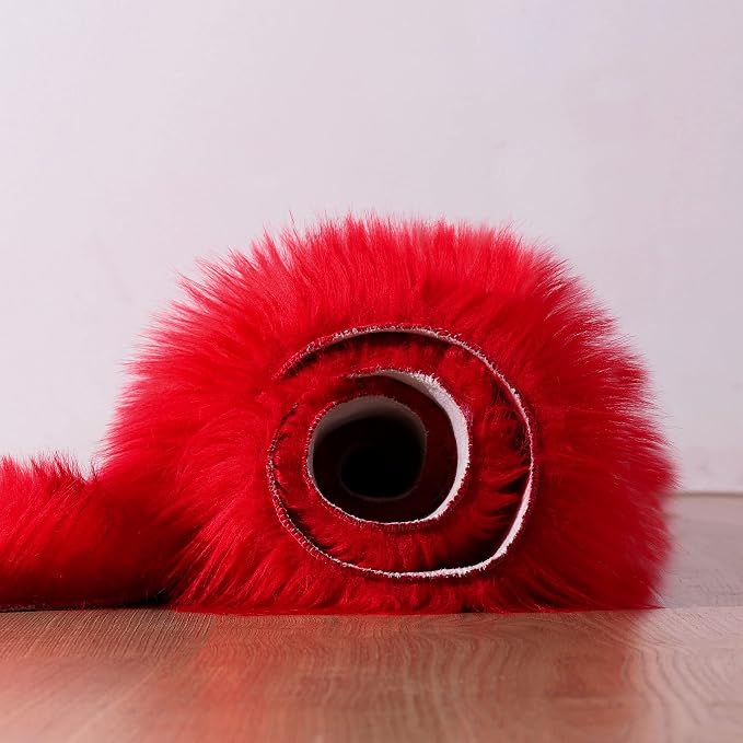 Fluffy Faux Fur Rug Red Sheepskin Area Rug, 4x6 Ft Ultra Soft Shaggy Plush Rug - Image 3