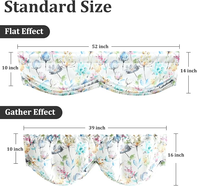 Leeva Blue Watercolor Floral Pleated Valance, Linen Textured Rod Pocket Scallop - Image 4