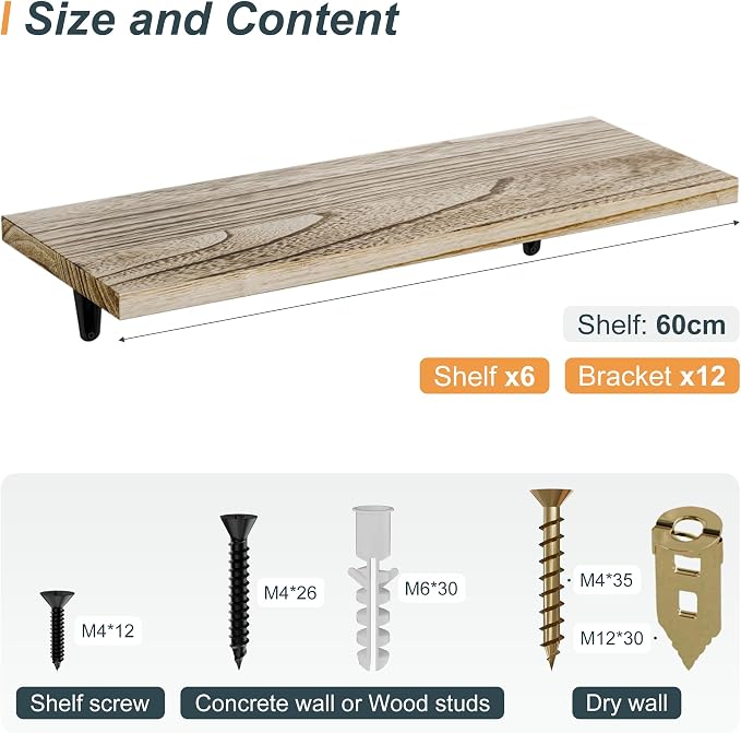 SKYSEN Floating Shelves for Wall Set of 6, 23.6in Wood Wall Shelf for Decor - Image 3