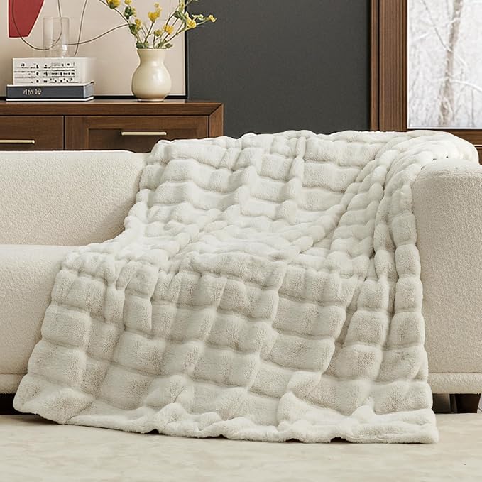 Cozy Bliss Deluxe Sheared Rabbit Faux Fur Throw Blanket, Soft Fuzzy High-Low - Image 2