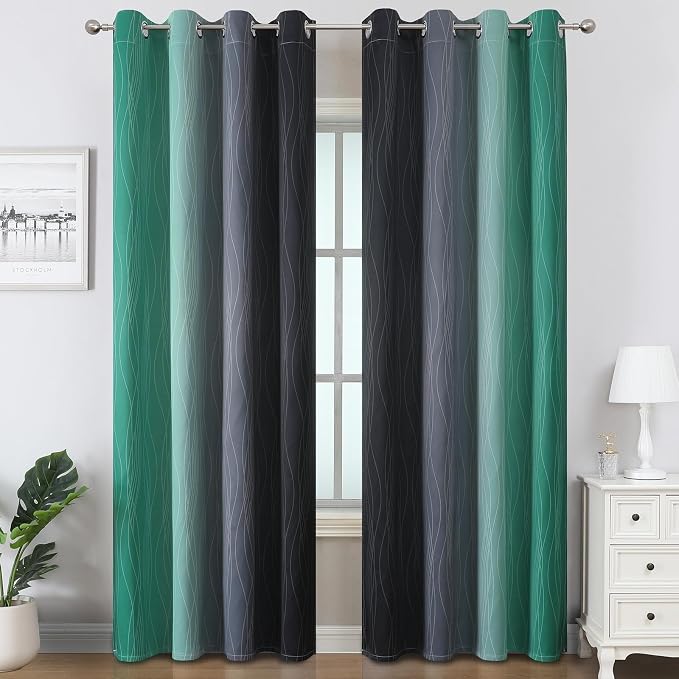 Estelar Textiler Green & Black Ombre Blackout Curtains 96 Inch Length 2 Panels - Image 2
