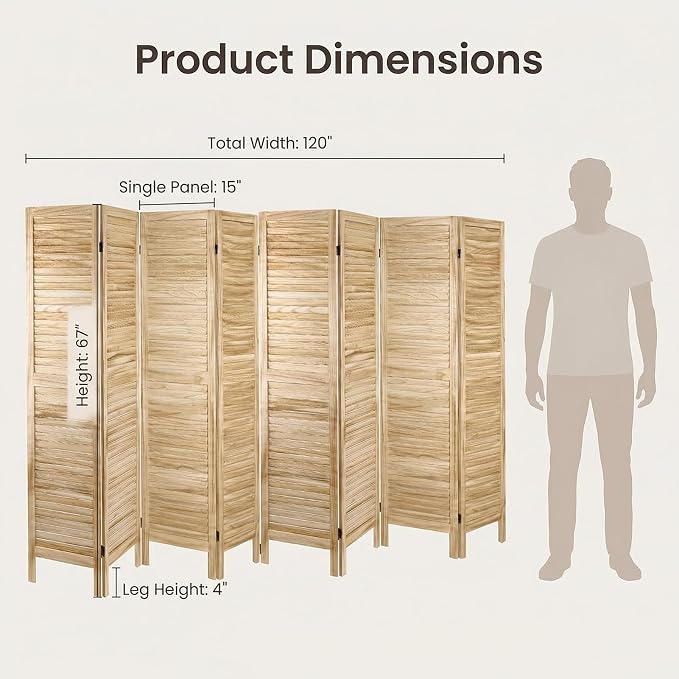 Bluecat 8 Panel Room Divider, Freestanding Solid Wood Partition Wall - Image 4