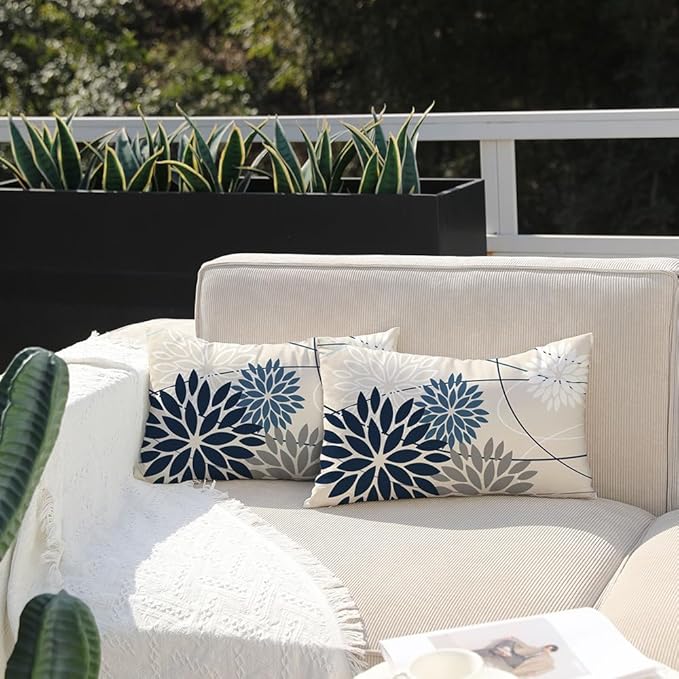 Blue and Gray Floral Pillow Covers 12x20 Set of 2 Outdoor Waterproof White - Image 2