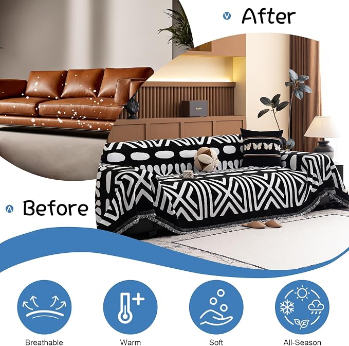 VClife Minimalism Tribal Couch Cover Non Slip White Black Geometric Jacquard - Image 3