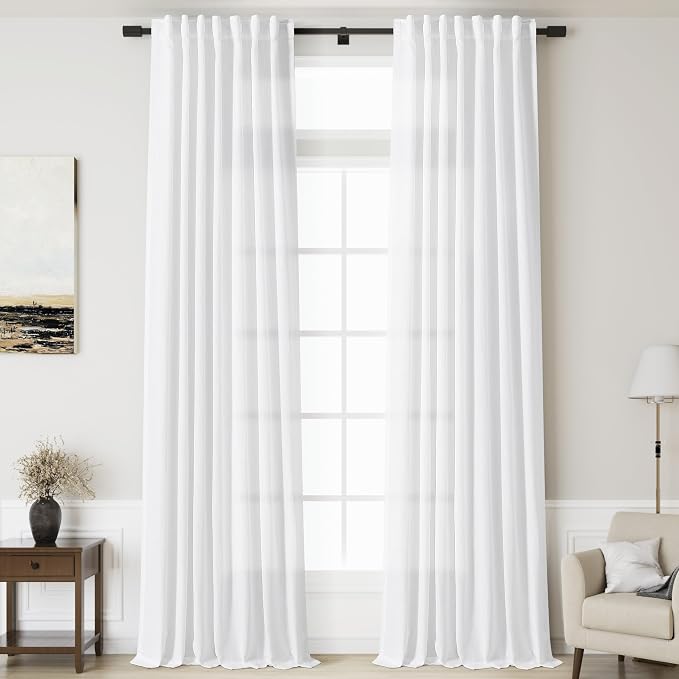 Nanspring White Linen Curtains 140 Inches Long 2 Panels Set by Nanspring