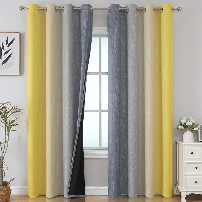 Grey and Yellow Blackout Curtains 84 Inch Length 2 Panels Set, Thermal by ESTELARTEXTILER