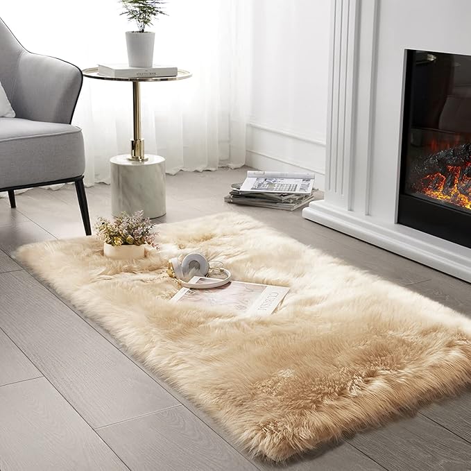 SERISSA Soft Faux Sheepskin Fur Area Rug Beige Fluffy Rug Plush Chair Cover by SERISSAHomeDecorCollection