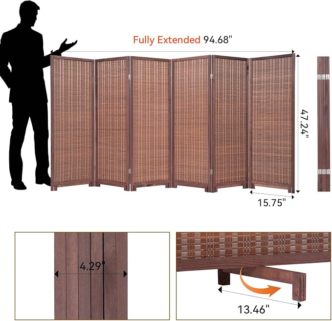 Bamboo Room Divider Panel with 360°Rotating Feet, 6 Panel 47" H Short Folding - Image 3