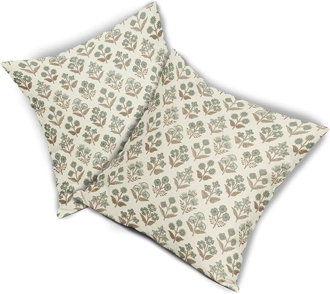 Brown Green Floral Pillow Covers 24x24 Inch Set of 2, Vintage Flower Block - Image 8