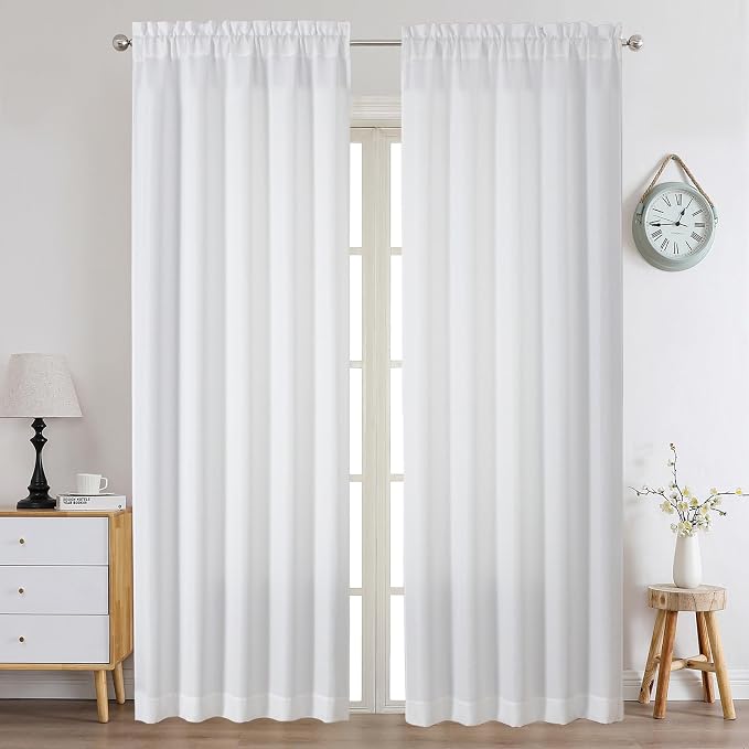 Chyhomenyc White Curtains 96 Inch Length 2 Panels, Faux Linen Textured Semi - Image 2