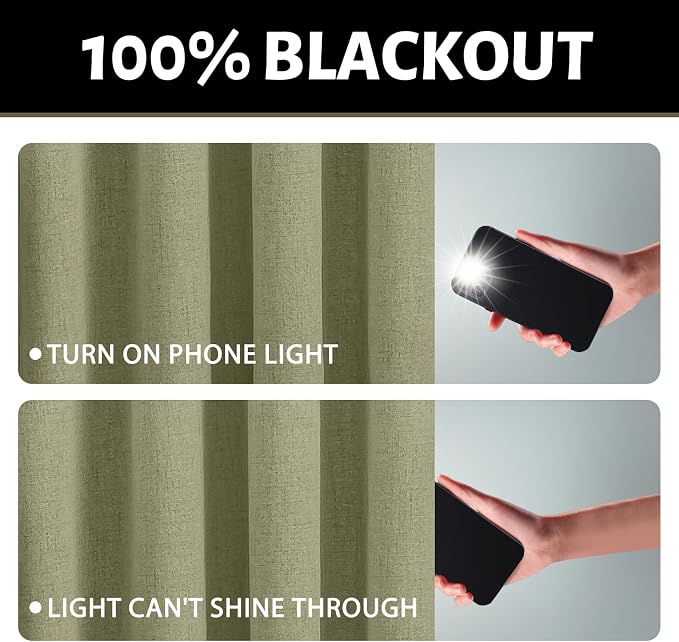Yakamok Sage Green Linen Curtains 100% Blackout 72 Inches Long, Room Darkening - Image 2