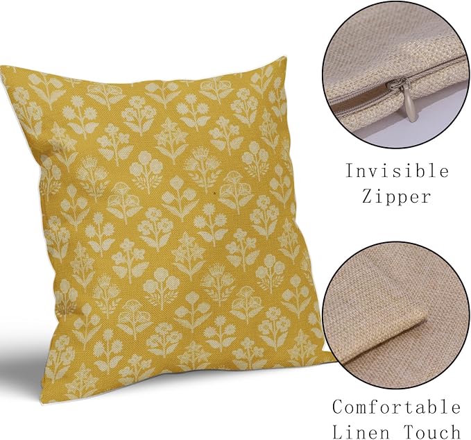 Yellow Floral Block Print Pillow Covers 18x18 Inch Set of 2, Vintage Flower - Image 4