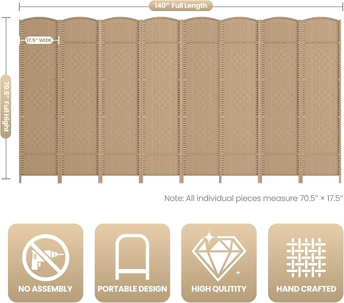 8 Panel Room Divider, 6Ft Folding Privacy Screen, Tall - Image 3