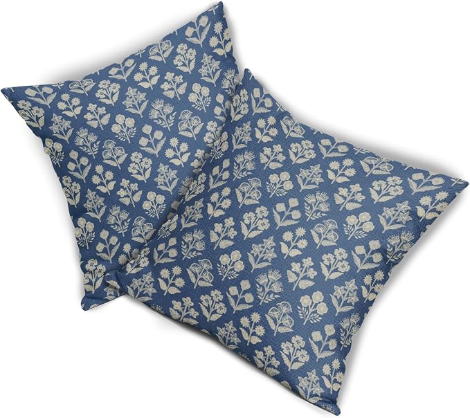 Blue Floral Block Print Pillow Covers 20x20 Inch Set of 2, Vintage Flower - Image 8