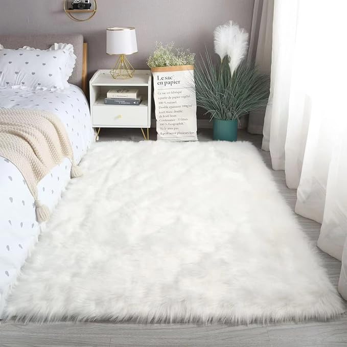 Fluffy Faux Fur Rug White Sheepskin Area Rug, 4x6 Ft Ultra Soft Shaggy Plush Rug - Image 3