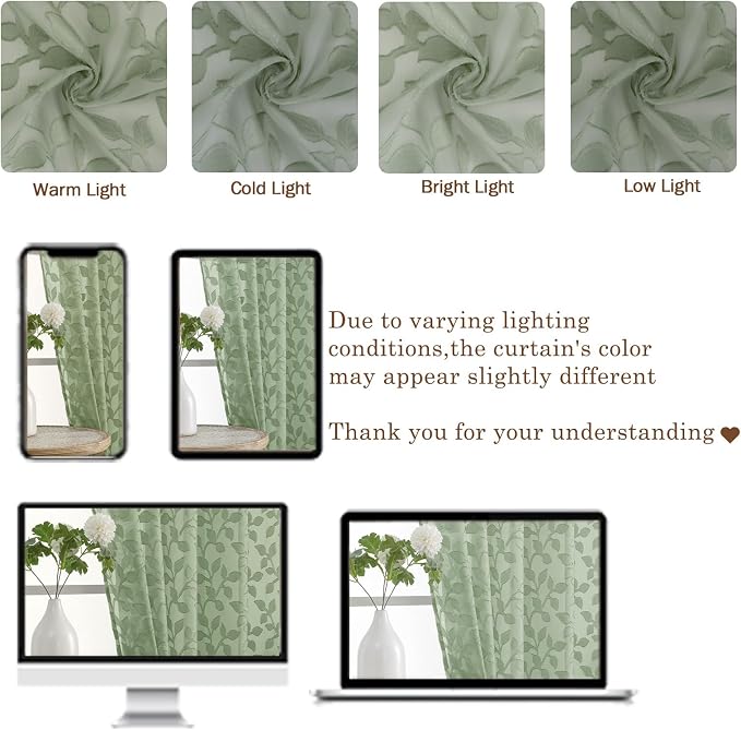 Chyhomenyc Sage Green Sheer Curtains 24 Inch Length, Light Filtering Leaf - Image 8