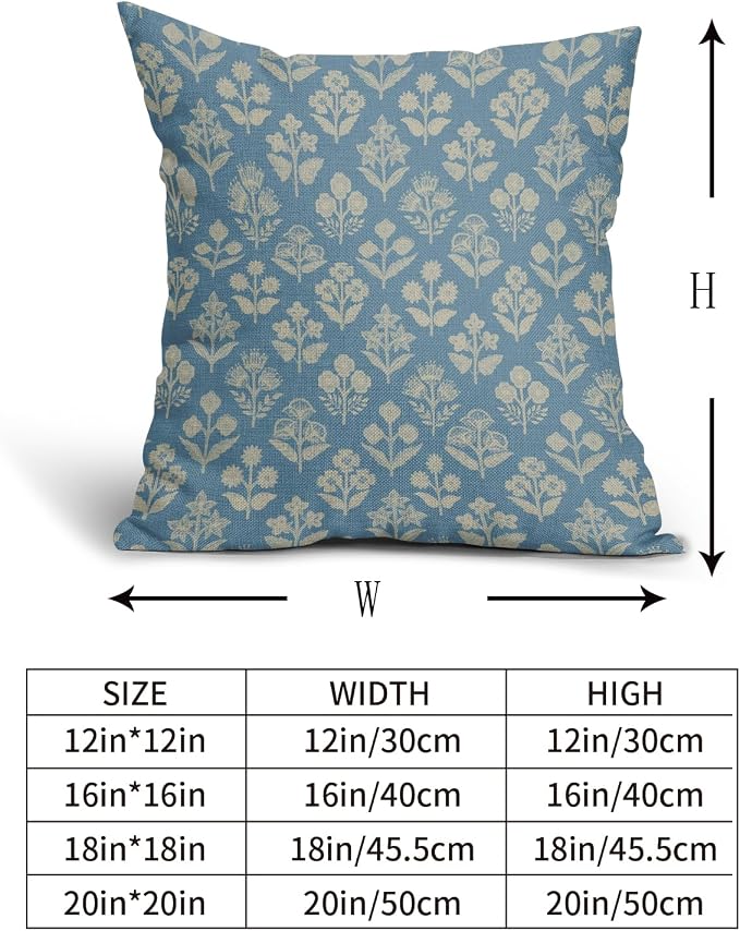 Light Blue Floral Pillow Covers 24x24 Inch Set of 2, Vintage Flower Block Print - Image 5