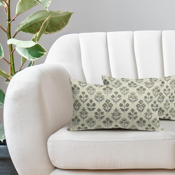 Green Grey Gray Floral Pillow Covers 12x20 Inch Set of 2, Block Print Lumbar - Image 5