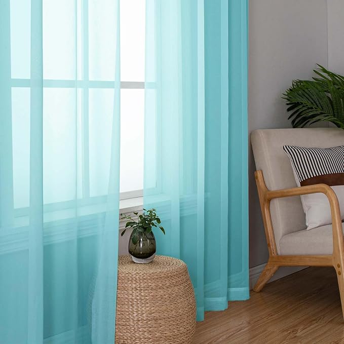 Lecloud Aqua Sheer Curtains for Bedroom 84 Inches Long 2 Panels, Voile Solid - Image 2
