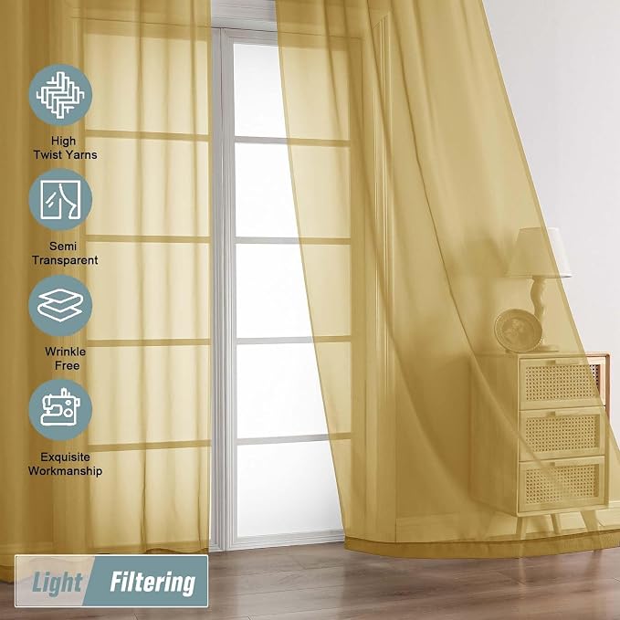 Gold Sheer Curtains for Window 72 inches Long 2 Panels Set, Soft Airy Modern - Image 5