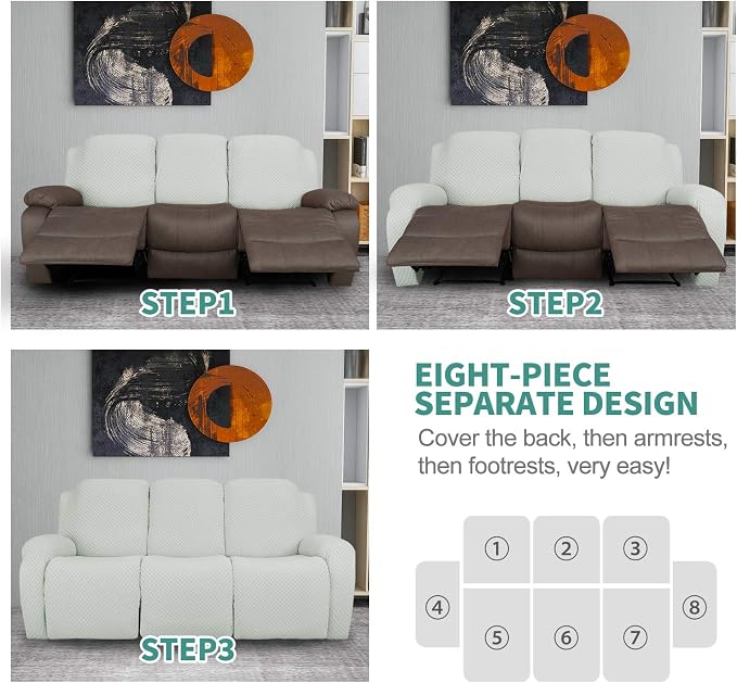 YEMYHOM 8 Pieces Stretch Recliner Sofa Cover Latest Jacquard Reclining Couch - Image 7