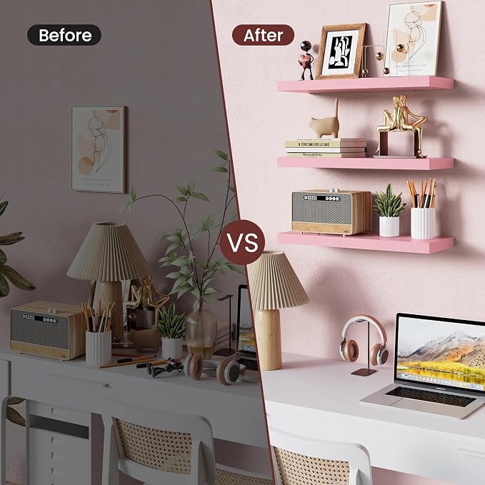 BAYKA Pink Floating Shelves for Wall – 15.7in Wood Wall Shelves for Bathroom - Image 6