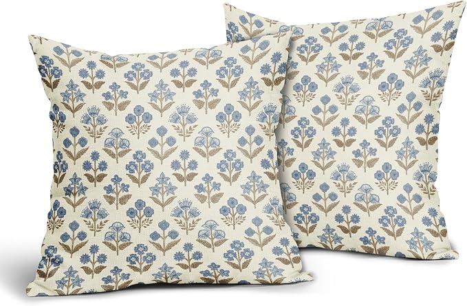 Brown Blue Floral Pillow Covers 22x22 Inch Set of 2, Vintage Flower Block - Image 2
