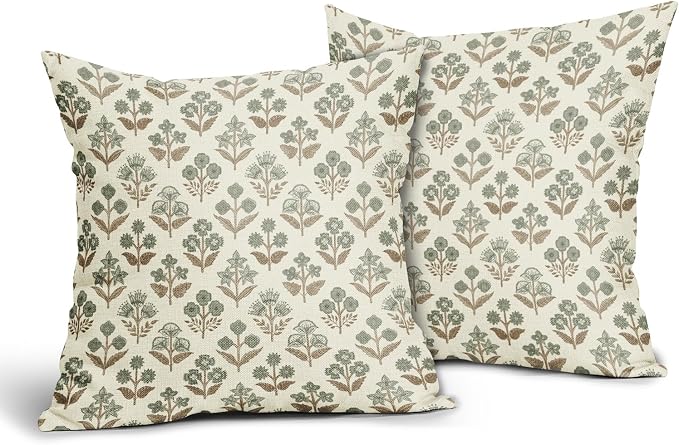 Brown Green Floral Pillow Covers 24x24 Inch Set of 2, Vintage Flower Block - Image 2