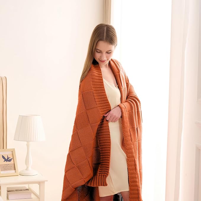 CozeCube Check Knit Throw Blanket, Rust Orange Checkered Throw - Image 2