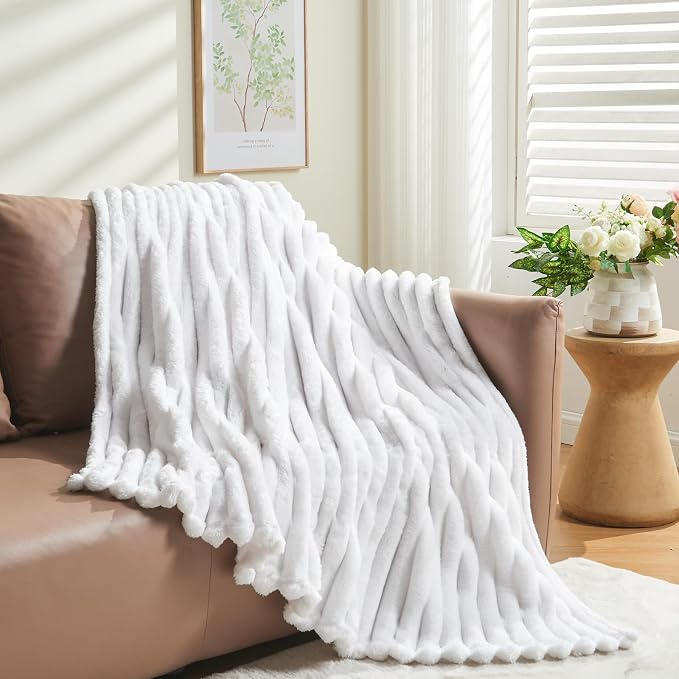 NEWCOSPLAY Super Soft Twin Blanket White Premium Silky Flannel Fleece 3D Ribbed - Image 8