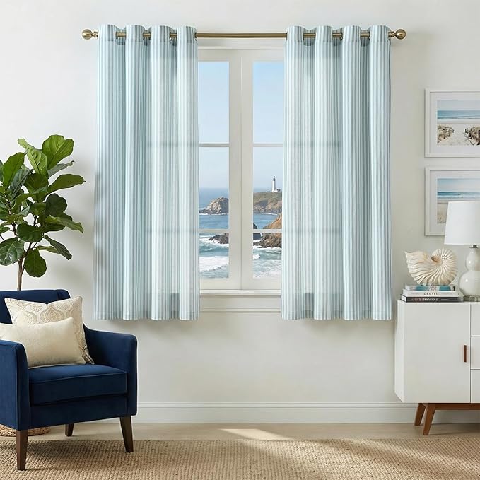 jinchan Linen Curtains for Living Room Aqua Blue Vertical Striped on White by JINCHAN
