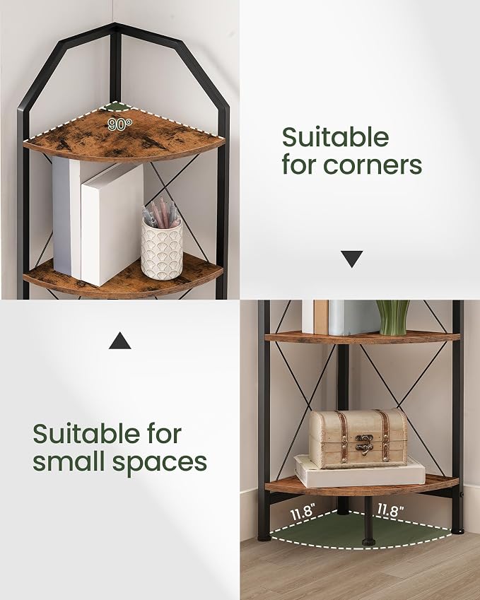CHOEZON 4-Tier Rustic Brown and Black Corner Shelf, 4-Shelf Industrial Corner - Image 3