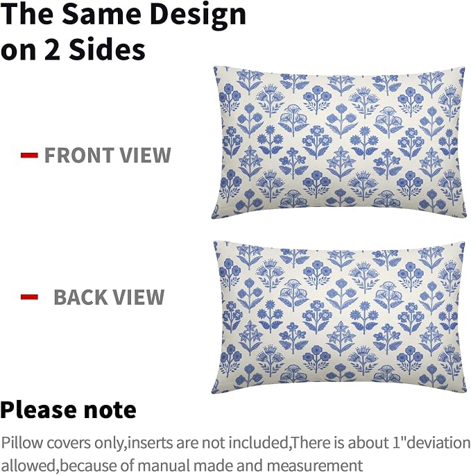 Blue Floral Pillow Covers 12x20 Inch Set of 2, Block Print Lumbar Flower Cream - Image 4