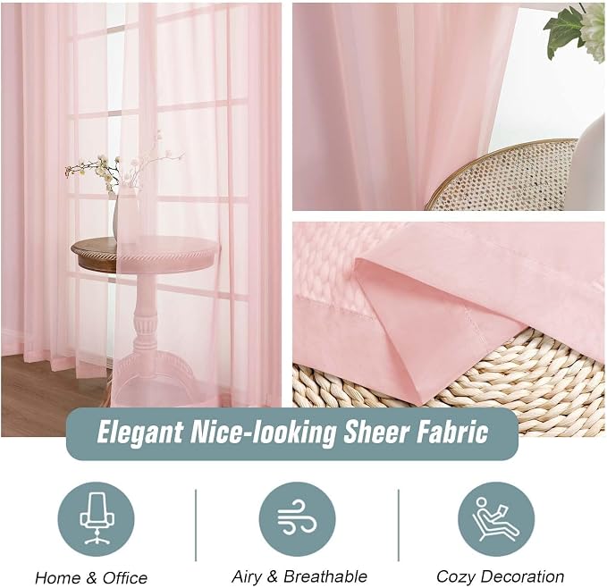 Blush Sheer Curtains 63 Inch Length 2 Panels, Voile Sheer Curtain - Image 4