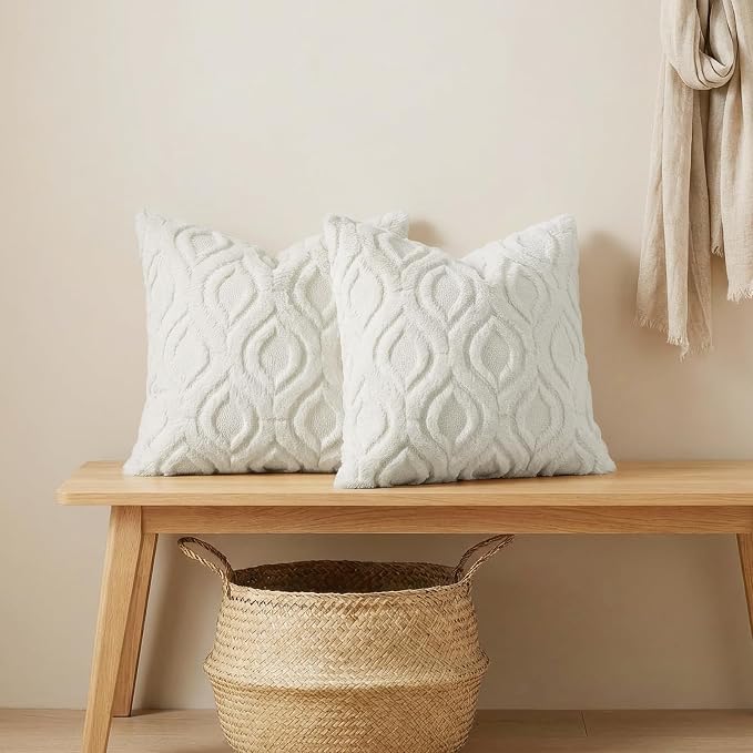 decorUhome Throw Pillow Covers 18x18 Inch Set of 2, Soft Plush Faux Wool Cream - Image 4