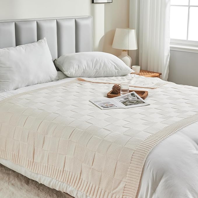 CozeCube Check Knit Throw Blanket, Cream White Checkered Throw - Image 6