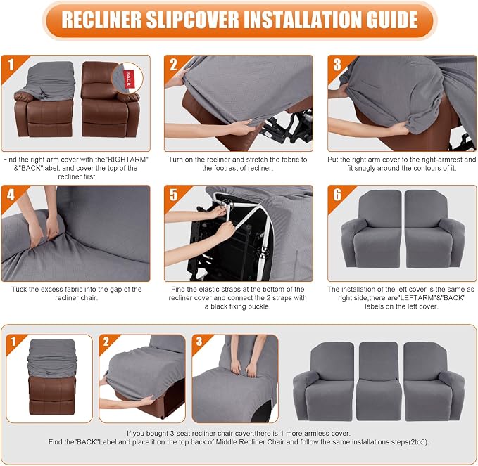 VANSOFY Recliner Cover, 3-Pieces Stretch Reclining Couch Covers - Image 6