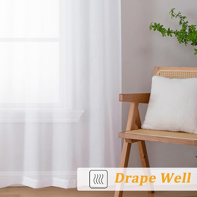 Gwine White Sheer Curtains 96 Inches Long 2 Panels, Elegant Window Treatments - Image 6