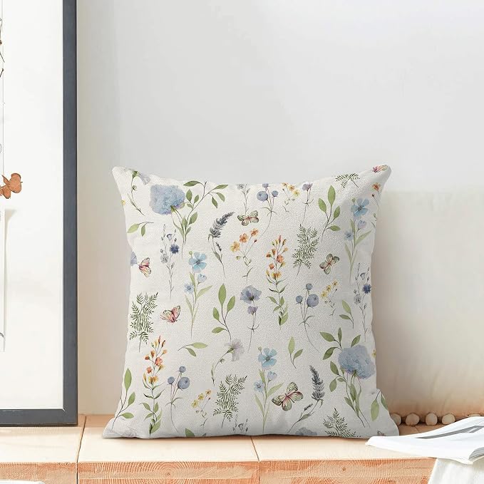 Spring Pillow Covers 20x20 Inch Set of 2, Sage Green Blue Wild Flower Throw - Image 3