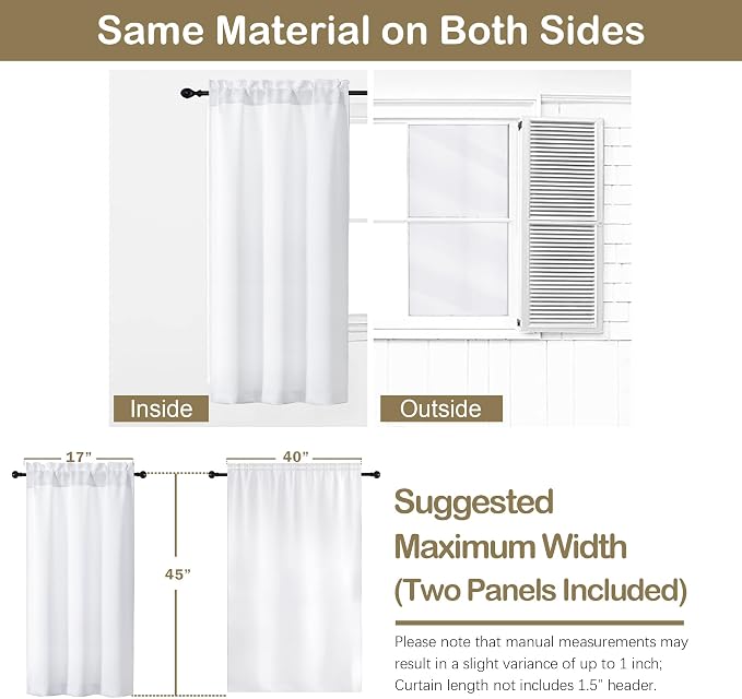 OVZME Pure White Short Curtains 45 Inch Length 2 Panels Set, Solid Thermal - Image 2