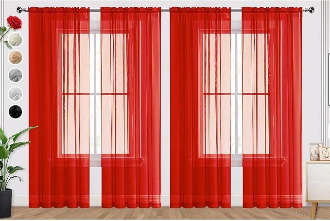 SpaceDresser Sheer Red Curtains 4 Panels Rod Pocket Semi-Sheer Curtain 63 by SpaceDresser
