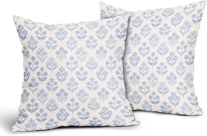 Baby Blue Floral Pillow Covers 16x16 Inch Set of 2, Vintage Flower Block Print - Image 2