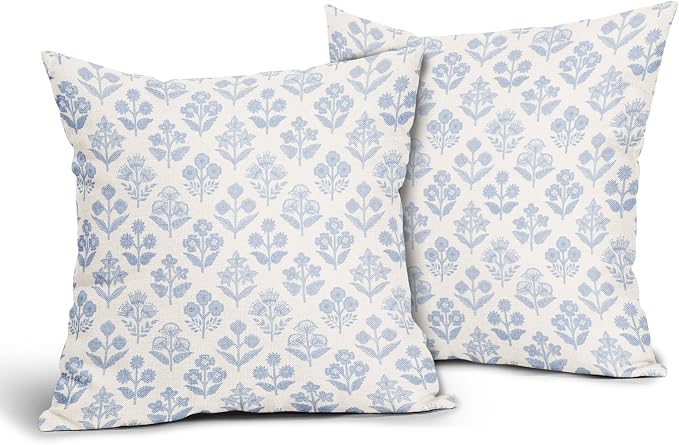 Baby Blue Floral Pillow Covers 22x22 Inch Set of 2, Vintage Flower Block Print - Image 2