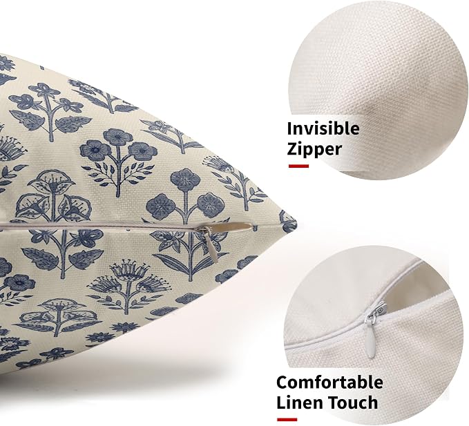 Dark Blue Floral Pillow Covers 12x20 Inch Set of 2, Block Print Lumbar Flower - Image 2