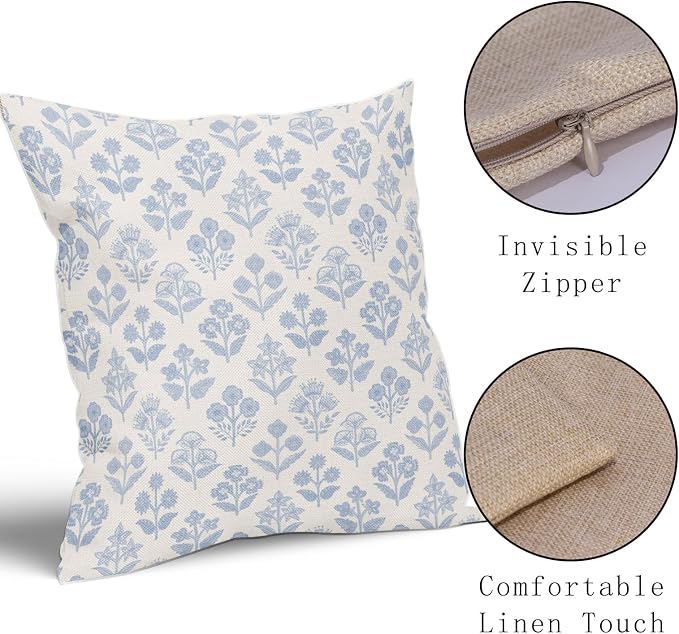 Baby Blue Floral Pillow Covers 24x24 Inch Set of 2, Vintage Flower Block Print - Image 4
