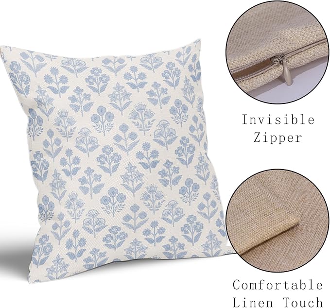 Baby Blue Floral Pillow Covers 22x22 Inch Set of 2, Vintage Flower Block Print - Image 4