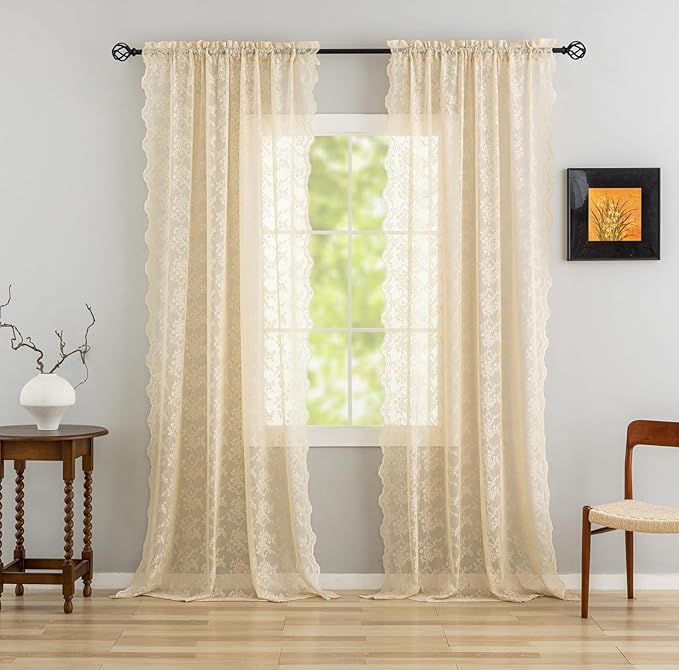 YJ YANJUN Vintage Lace Curtains 132 Inches Long-Victorian Floral Fancy Beige by YJYANJUN