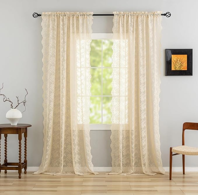 YJ YANJUN Vintage Lace Curtains 108 Inches Long-Victorian Floral Beige Sheer - Image 3